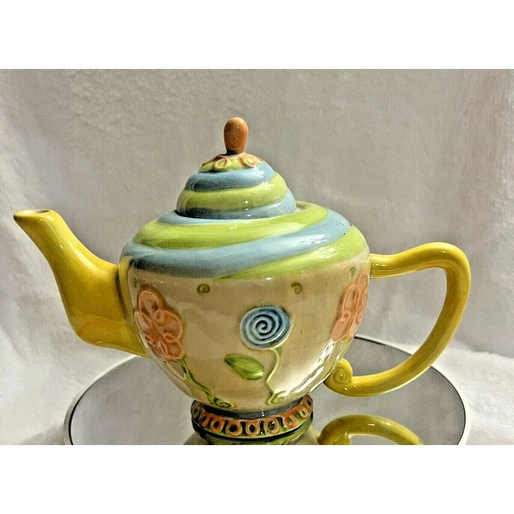Teapot - Oneida Teapot Yellow Orange Blue Green Flowers